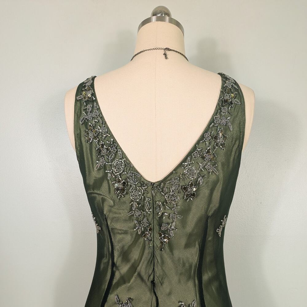 Vintage Scala Midi Dress Cocktail Gown XL Green Silk Bead Gatsby Fairy Grunge - Picture 6 of 16